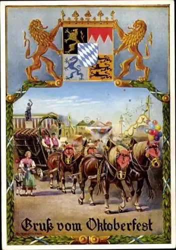 Ak München, Oktoberfest, Wappen, Vierergespann, Bierwagen