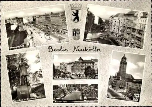 Ak Berlin Neukölln, Wappen, Herrmannplatz,  Rathaus, Jahn-Park, Karl-Marx-Straße, Körner-Park