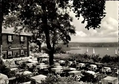 Ak Berlin Zehlendorf Wannsee, Gaststätte Blockhaus Nikolskoe, Terrasse, Segelboote