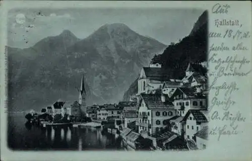 Mondschein Ak Hallstatt im Salzkammergut Oberösterreich, Häuser am Ufer