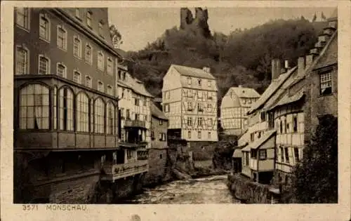 Ak Monschau, Partie an der Ruine Haller am Wasser