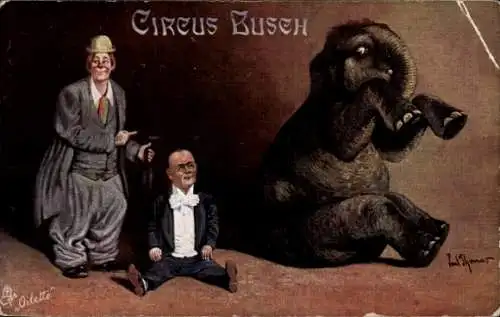 Künstler Ak Thomas, Paul, Zirkus Busch, Elefant, Liliputaner, Clown, Tuck