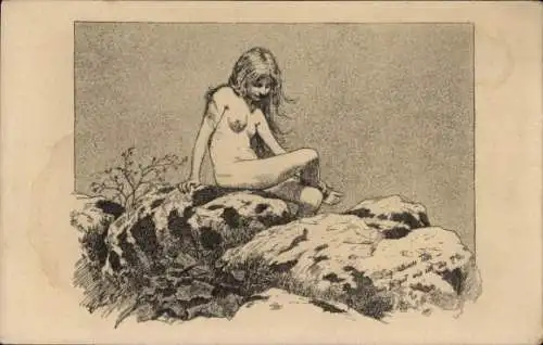 Künstler Ak Fidus, Sag kleines Tier, Nackte Frau auf dem Fels sitzend