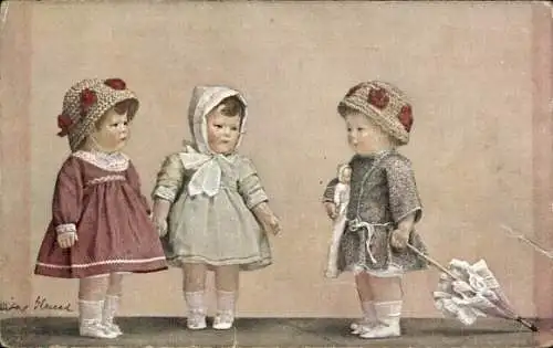 Künstler Ak Drei Kinder, Mädchen, Puppe, Sonnenschirm