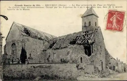 Ak Reuves Marne, La Rue principale du Pays, L'Eglise, Grande Guerre de 1914