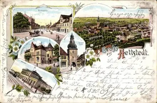 Litho Hettstedt im Südharz, Marktplatz, Bahnhof, Panorama