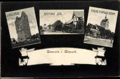 Ak Bismark in der Altmark, Goldene Laus, Bahnhofstraße, Kirche, Kriegerdenkmal