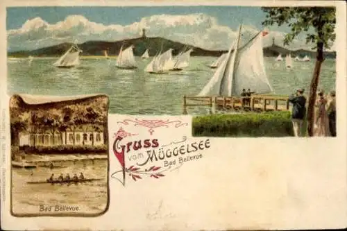 Litho Berlin Köpenick, Segelboote auf dem Müggelsee, Bad Bellevue, Ruderboote
