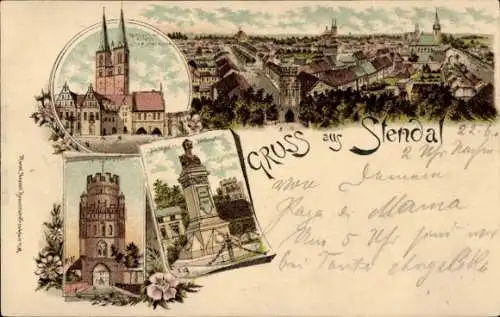 Litho Stendal in Sachsen Anhalt, Stadtansichten, Rathaus, Nachtigal Denkmal, Tangermünder Tor