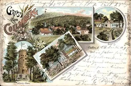 Litho Collmberg Collm Wermsdorf Sachsen, Albertturm, Gesamtansicht, Bergwirtschaft