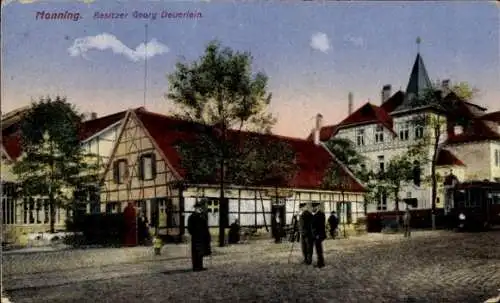Ak Duisburg im Ruhrgebiet, Alte Häuser an der Monning, Fachwerk, Straßenbahn
