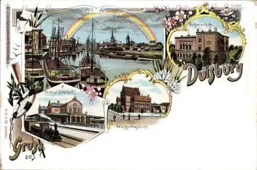 Litho Duisburg im Ruhrgebiet, Hafen, Zentralbahnhof, Töchterschule, Realgymnasium