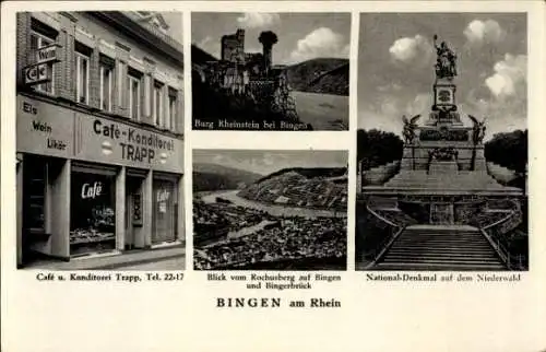 Ak Bingen am Rhein, Niederwalddenkmal, Burg Rheinstein, Cafe und Konditorei Trapp