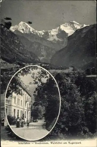 Ak Interlaken Kanton Bern Schweiz, Unspunnen, Waldhotel am Rugenpark, Gebirgspanorama