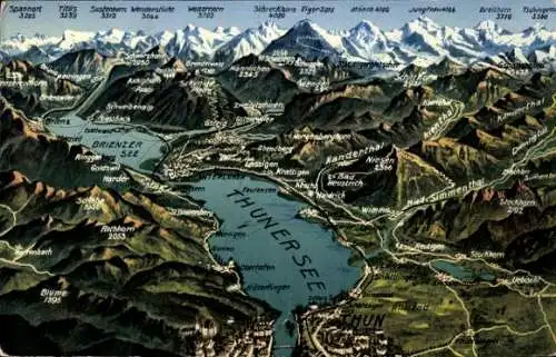 Landkarten Ak Thun Kanton Bern Schweiz, Thunersee, Berge
