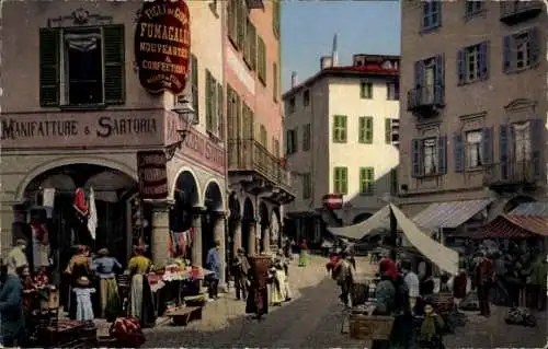 Ak Lugano Kanton Tessin Schweiz, Straßenpartie, Geschäfte, Marktleben