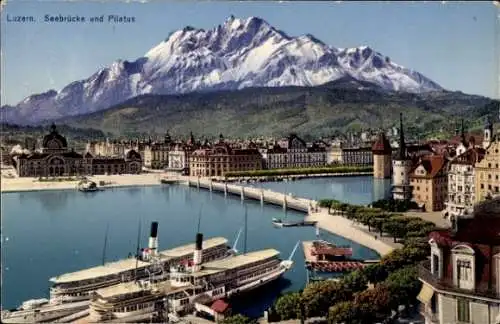 Ak Luzern Stadt Schweiz, Seebrücke und Pilatus