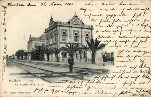 Ak Huelva Andalusien Spanien, Bahnhof, Estación de Huelva-Término