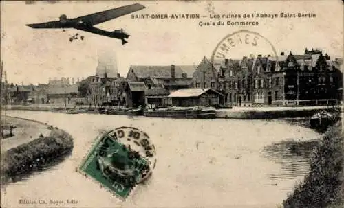 Ak Saint Omer Pas de Calais, Ruinen der Abtei St. Bertin, Quais du Commerce, Flugzeug