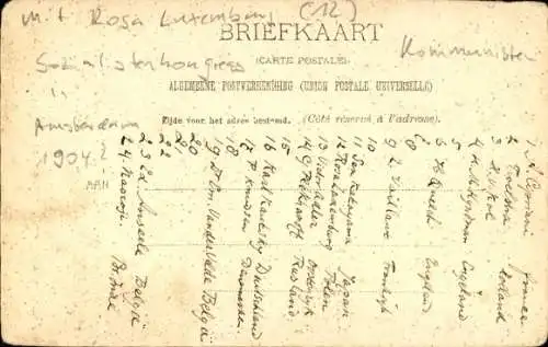 Ak Amsterdam Nordholland Niederlande, Sozialistenkongress 1904 ?, Rosa Luxemburg, Kommunisten