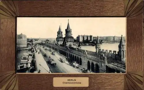 Passepartout Ak Berlin Friedrichshain, Ansicht der Oberbaumbrücke, Hochbahn Haltestelle, Kutschen