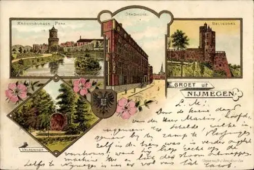 Lithographie Nijmegen Gelderland, Kronenburgerpark, Rathaus, Belvedere, Valkenhof
