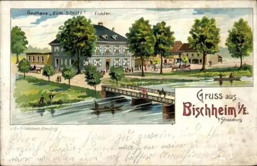 Litho Bischheim Elsass Bas Rhin, Gasthaus zum Schiff