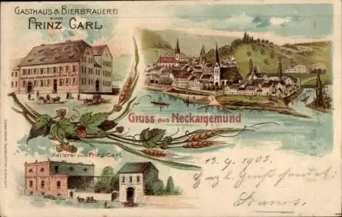 Litho Neckargemünd am Neckar, Gasthaus und Bierbrauerei zum Prinz Carl, Kellerei, Totalansicht