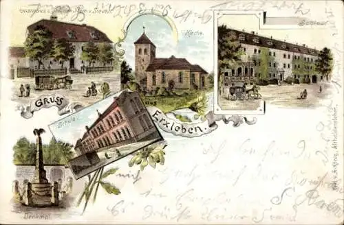 Litho Erxleben Sachsen Anhalt, Schule, Denkmal, Gasthof zum goldenen Stern, Schloss, Kirche