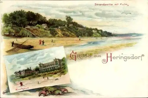 Litho Ostseebad Heringsdorf auf Usedom, Strand, Kulm, Kurhaus