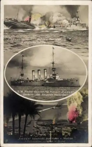 Ak Deutsches Kriegsschiff, SMS Emden, Kleiner Kreuzer beschießt Madras, Kaiserliche Marine