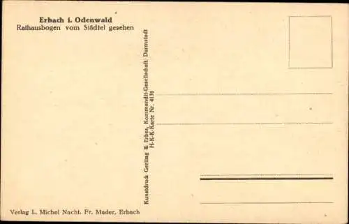 Künstler Ak Erbach im Odenwald Hessen, Rathausbogen vom Städtel gesehen