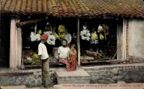 Ak Ceylon Sri Lanka, Native Boutique mit einer großen Auswahl an Ceylon-Früchten