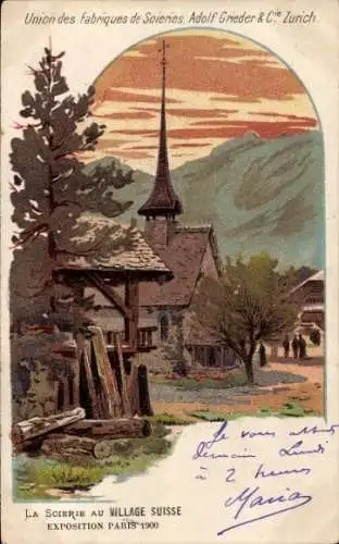 Litho Paris, Weltausstellung 1900, La Scierie au Village Suisse