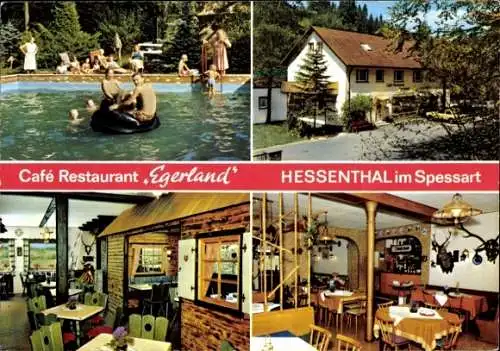 Ak Mespelbrunn im Spessart Unterfranken, Restaurant Egerland, Pool, Außenansicht, Gastraum