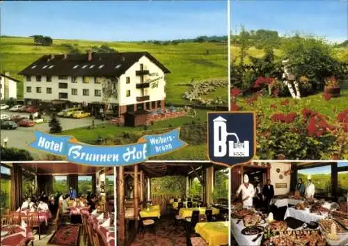 Ak Weibersbrunn im Spessart, Hotel Restaurant Brunnenhof, Wappen, Panorama, Gastraum, Köche