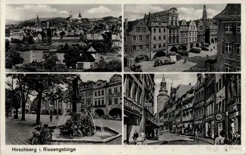 Ak Jelenia Góra Hirschberg Riesengebirge Schlesien, Markt, Schildauerstraße, Gabelbrunnen