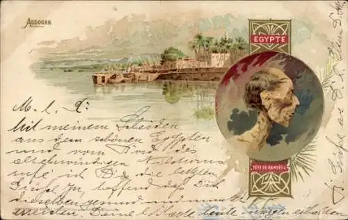 Litho Assouan Assuan Ägypten, Wasserpartie, Palmen, Mann-Portrait