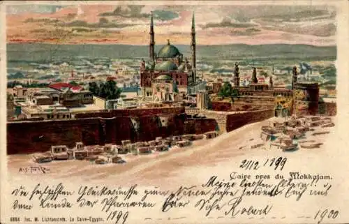 Künstler Litho Franke, Cairo Kairo Ägypten, Gesamtansicht, Moschee, Mokkatam