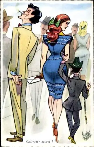 Künstler Ak Liebespaar steckt sich heimlich einen Brief zu, große Frau, kleiner Mann