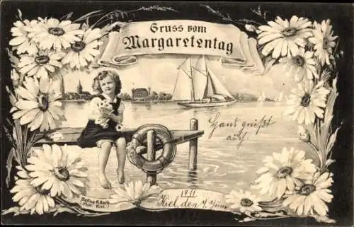Ak Kiel, Margaretentag, Mädchen auf einem Steg, Segelschiff, Rettungsring