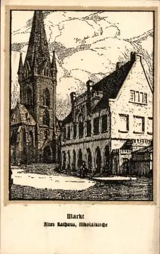 Künstler Ak Kiel, Markt, Altes Rathaus, Nikolaikirche