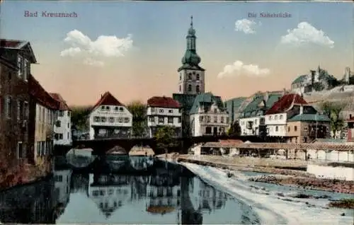 Ak Bad Kreuznach an der Nahe, Nahebrücke, Kirche