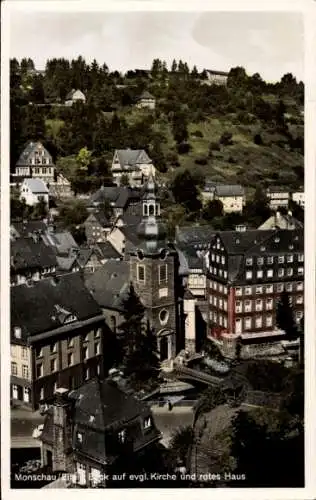 Ak Monschau Montjoie in der Eifel, evangelische Kirche, rotes Haus