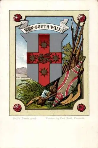 Wappen Litho New South Wales Australien, Schild, Speere