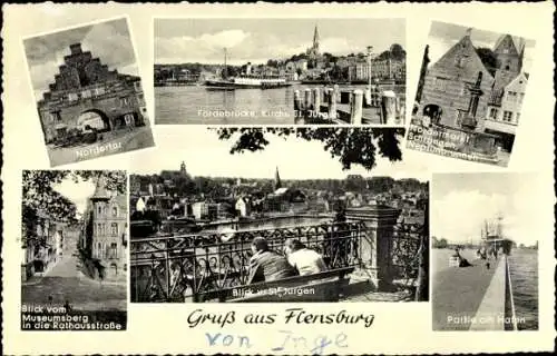 Ak Flensburg in Schleswig Holstein, Nordertor, Fördebrücke, Kirche St. Jürgen, Neptunbrunnen