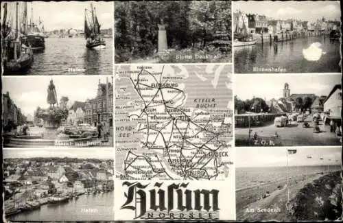 Ak Husum in Nordfriesland, Hafen, Storm Denkmal, Binnenhafen, ZOB, Seedeich, Markt, Brunnen