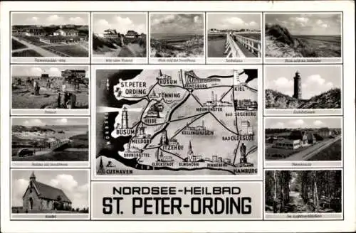 Ak Sankt Peter Ording Nordfriesland, Landkarte, Kirche, Leuchtturm, Seebrücke, Promenade, Sandbank