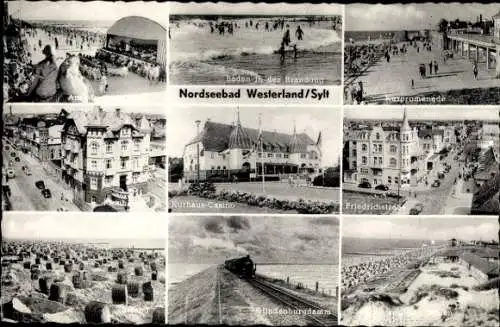 Ak Westerland auf Sylt, Kurpromenade, Friedrichstraße, Hindenburgdamm, Dampflok, Strand