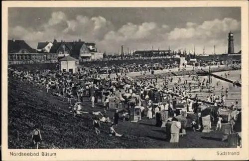 Ak Nordseebad Büsum, Am Südstrand mit Leuchtturm